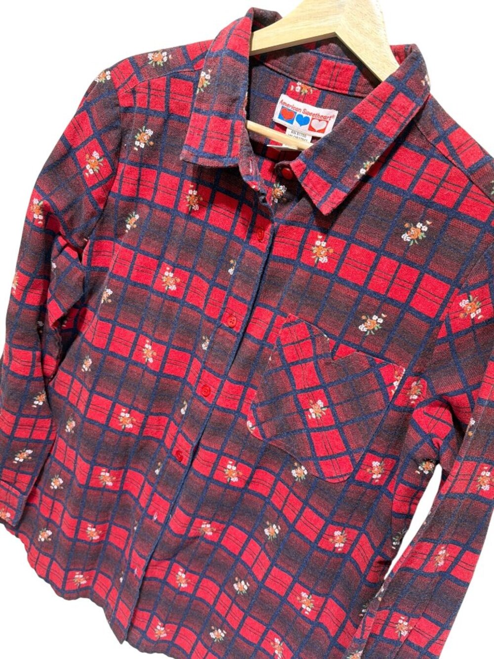 American Sweetheart Vintage 90s Red & Navy Plaid Floral Cotton Blend Flannel Shi